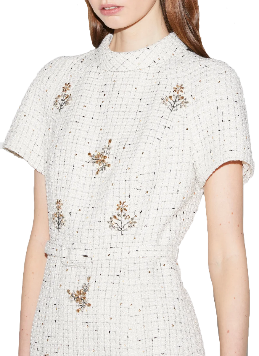 Genevieve Midi Dress in White Tweed - Huishan Zhang