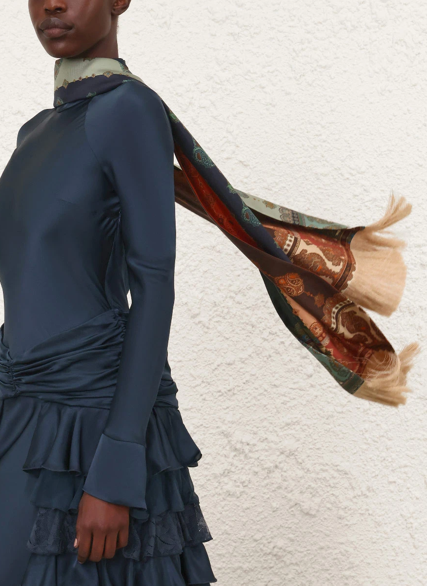 Printed Silk Fringe Neck Scarf - Zimmermann