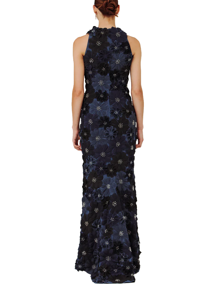 Racer Neck Ombre Gown with Full Petals