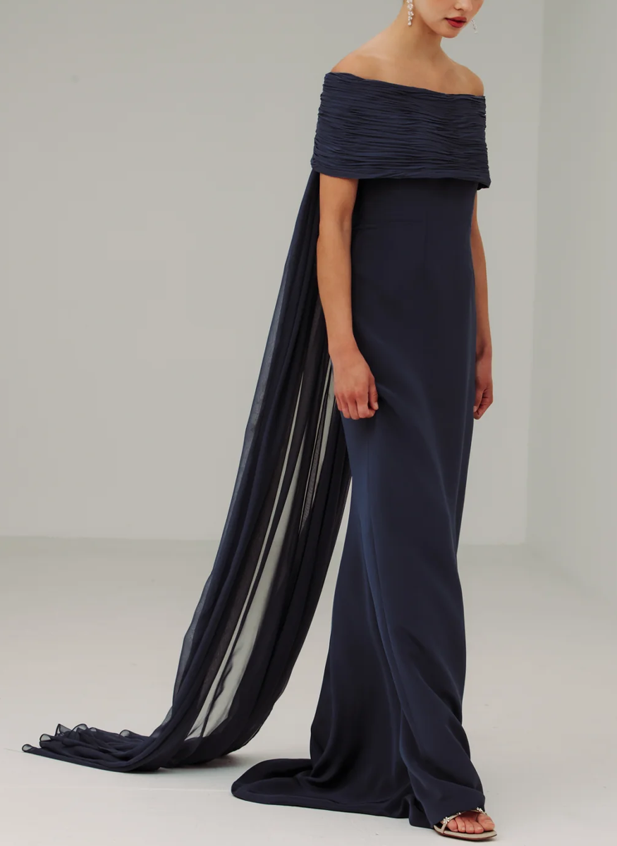 Off Shoulder Ripple Collar Gown with Back Floats