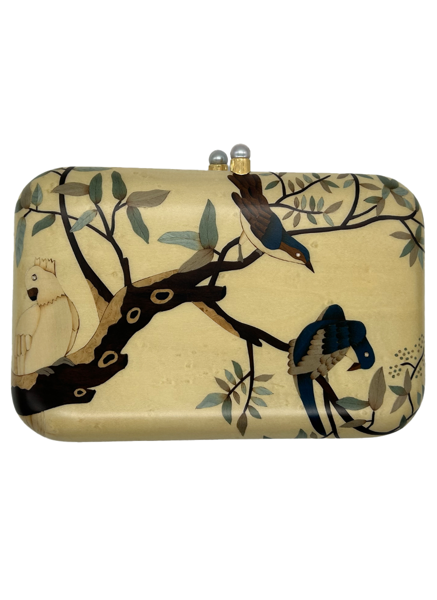 Marquetry Clutch with Bird and Branch Print