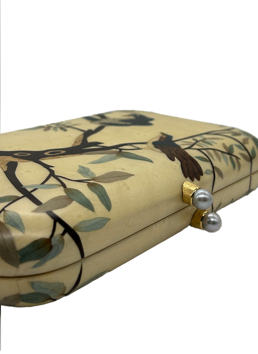 Marquetry Clutch with Bird and Branch Print - Silvia Furmanovich