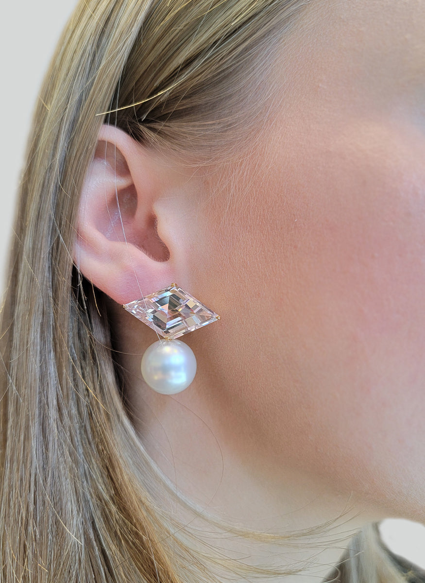 Morganite Rhombus and South Sea Pearl Earrings - Assael