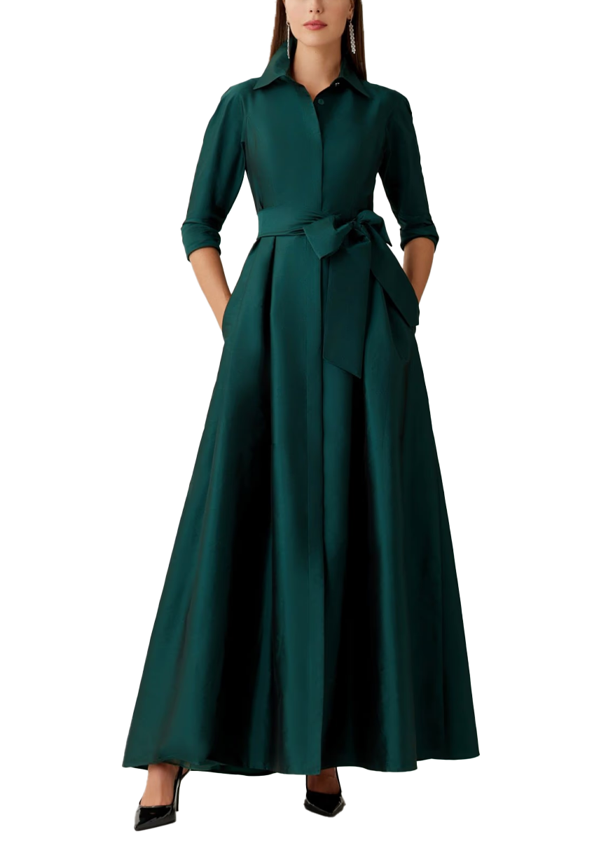 Taffeta Shirt Waist Gown in Forest - Teri Jon