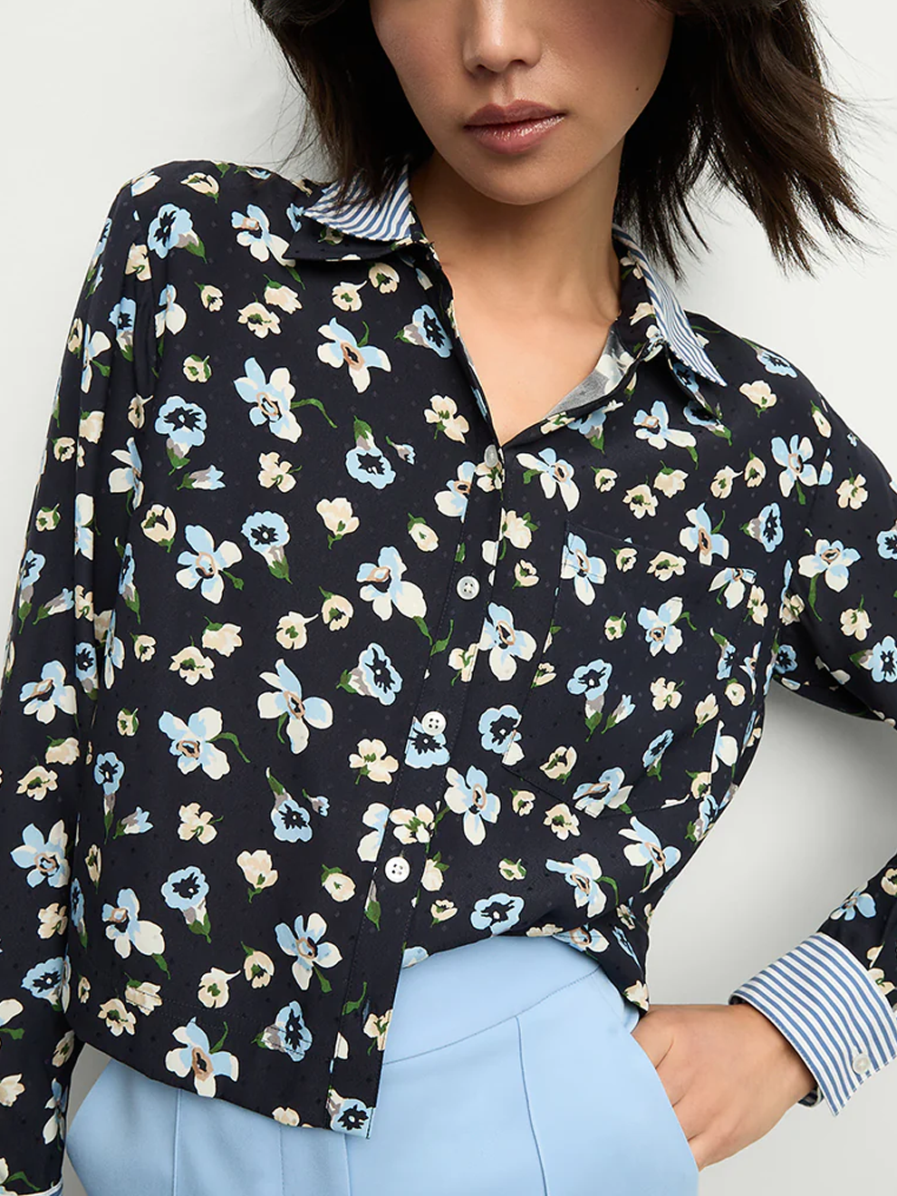 Maia Floral Silk Double-Collar Shirt - Veronica Beard