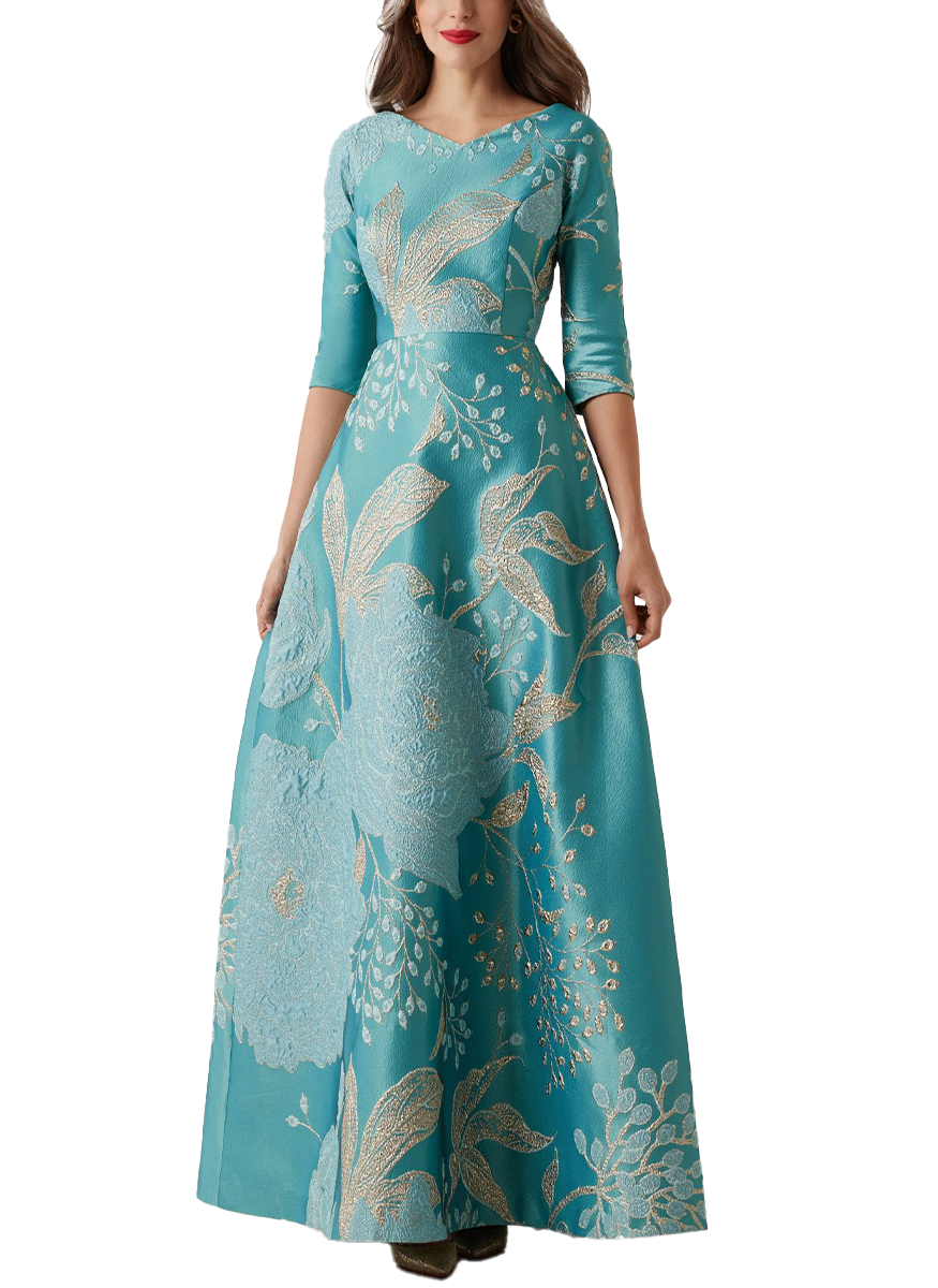 V-Neck 3/4 Sleeve Metallic Jacquard Gown