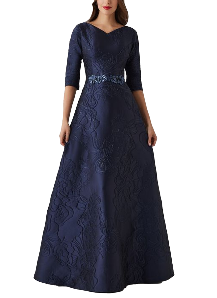 Floral Met Jacquard A-Line Beaded Gown