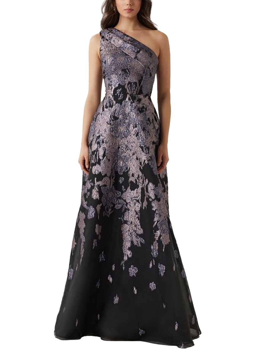 Floral Metallic Jacquard Pleated One Shoulder Gown