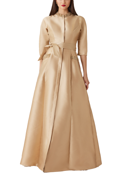 Teri Jon Mikado Bead Collar Gown - Gold - 12