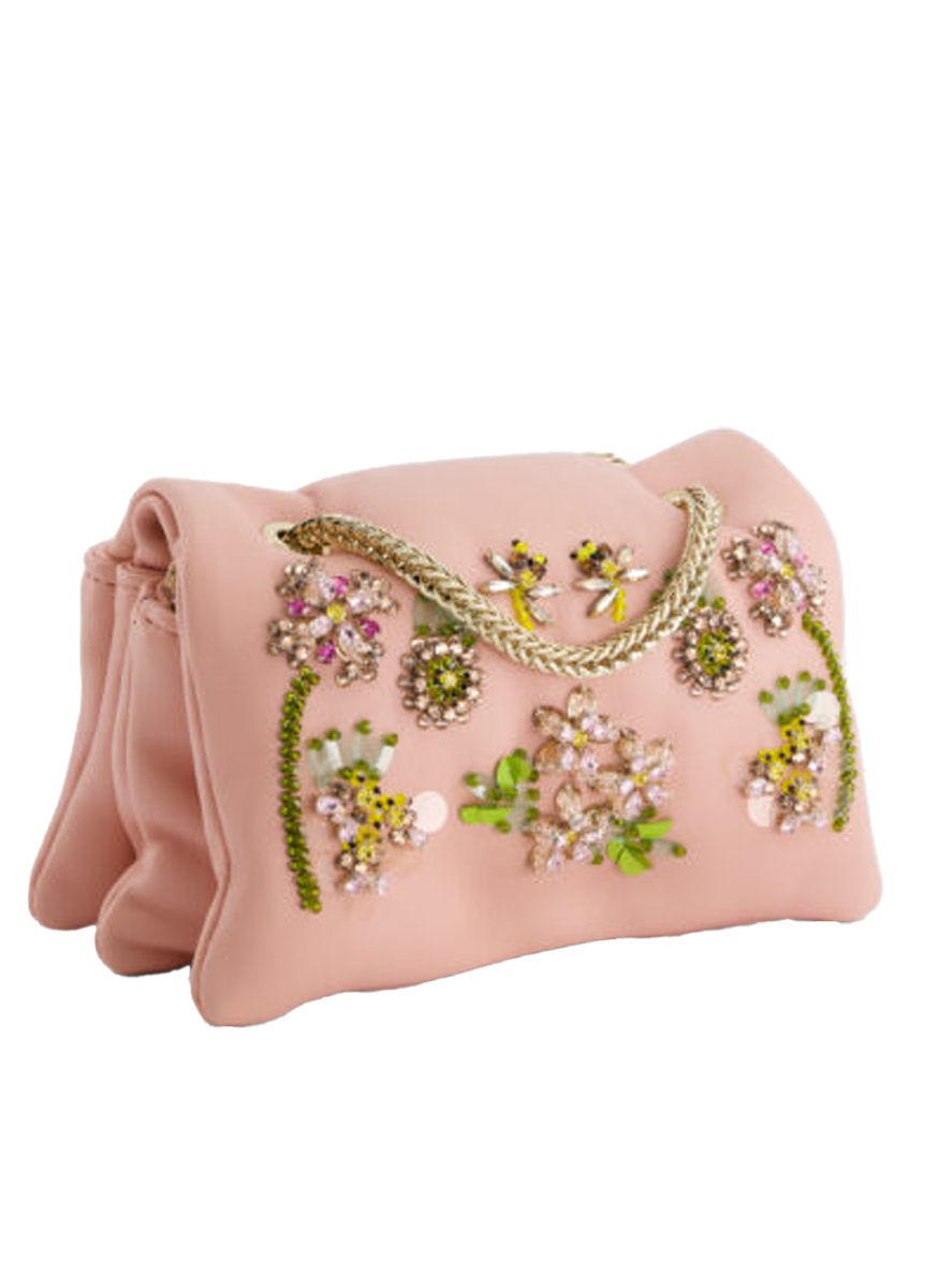 Dark Pink Mini Airbag Bag with Flowers and Rhinestones