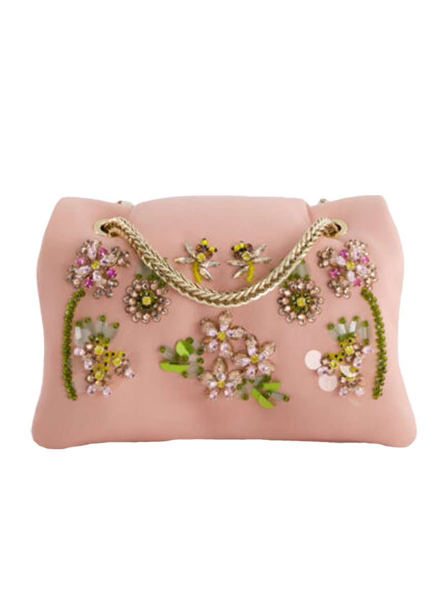 Dark Pink Mini Airbag Bag with Flowers and Rhinestones