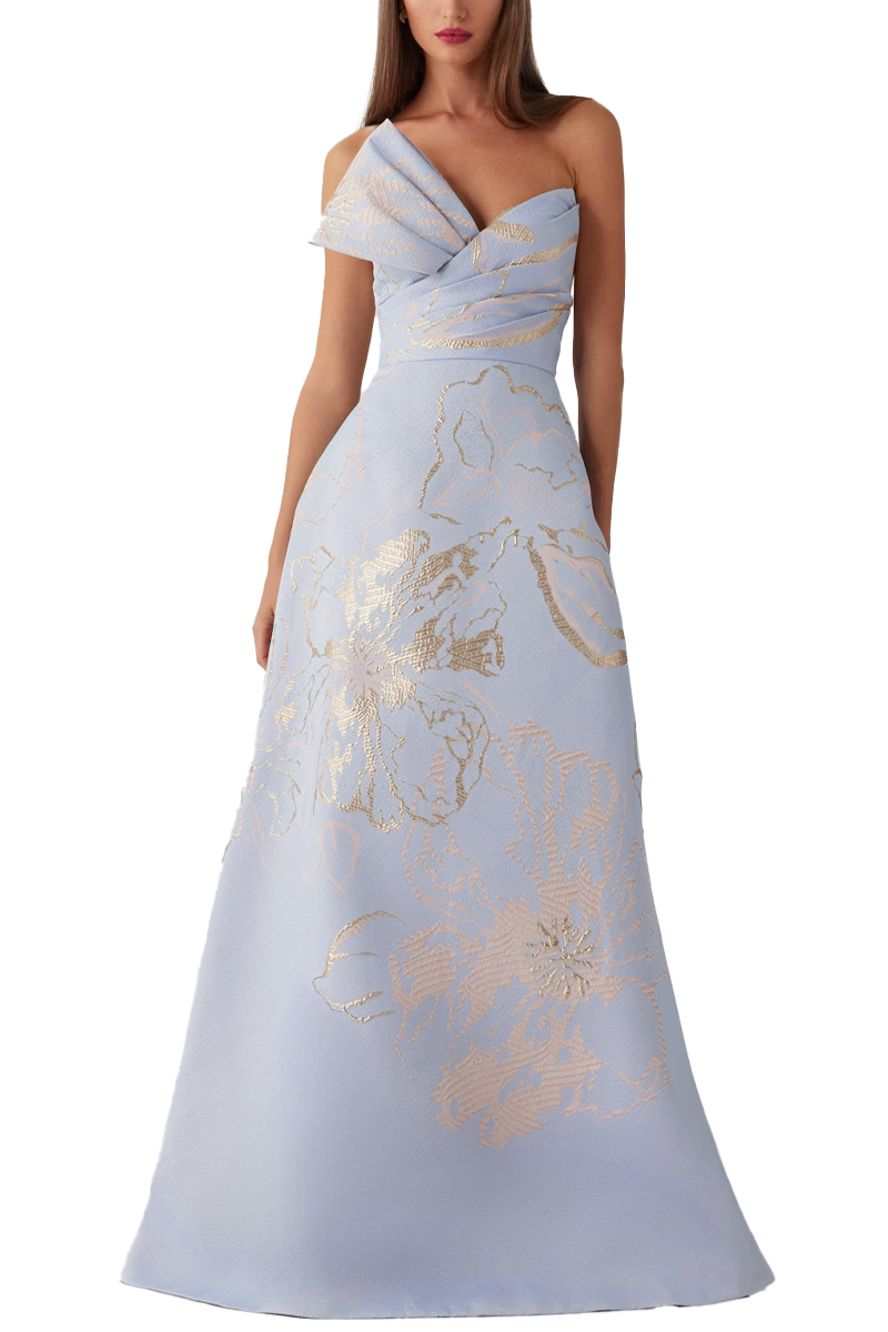 Metallic Jacquard Strapless Side Bow A Line Skirt Gown