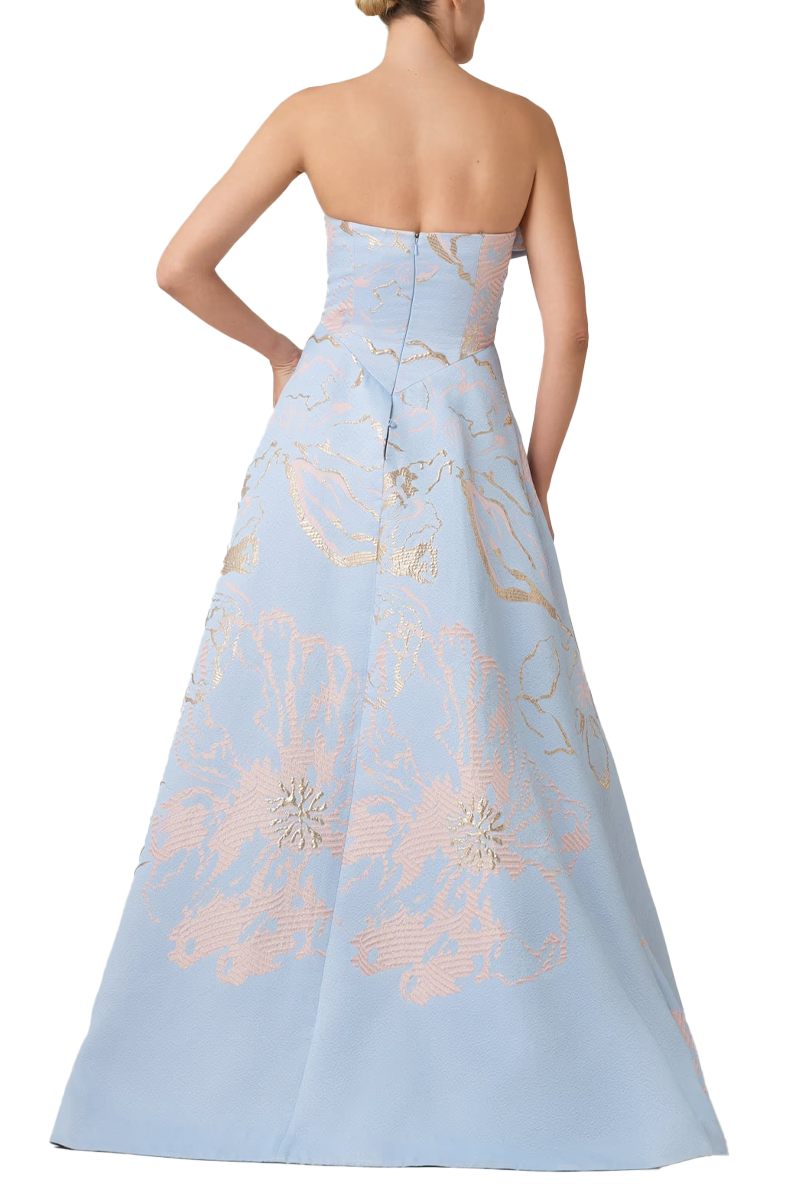 Metallic Jacquard Strapless Side Bow A Line Skirt Gown