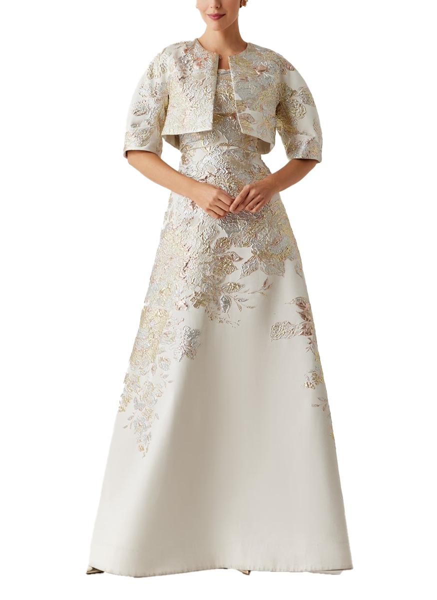 Metallic Jacquard A Line Skirt Gown with Bolero