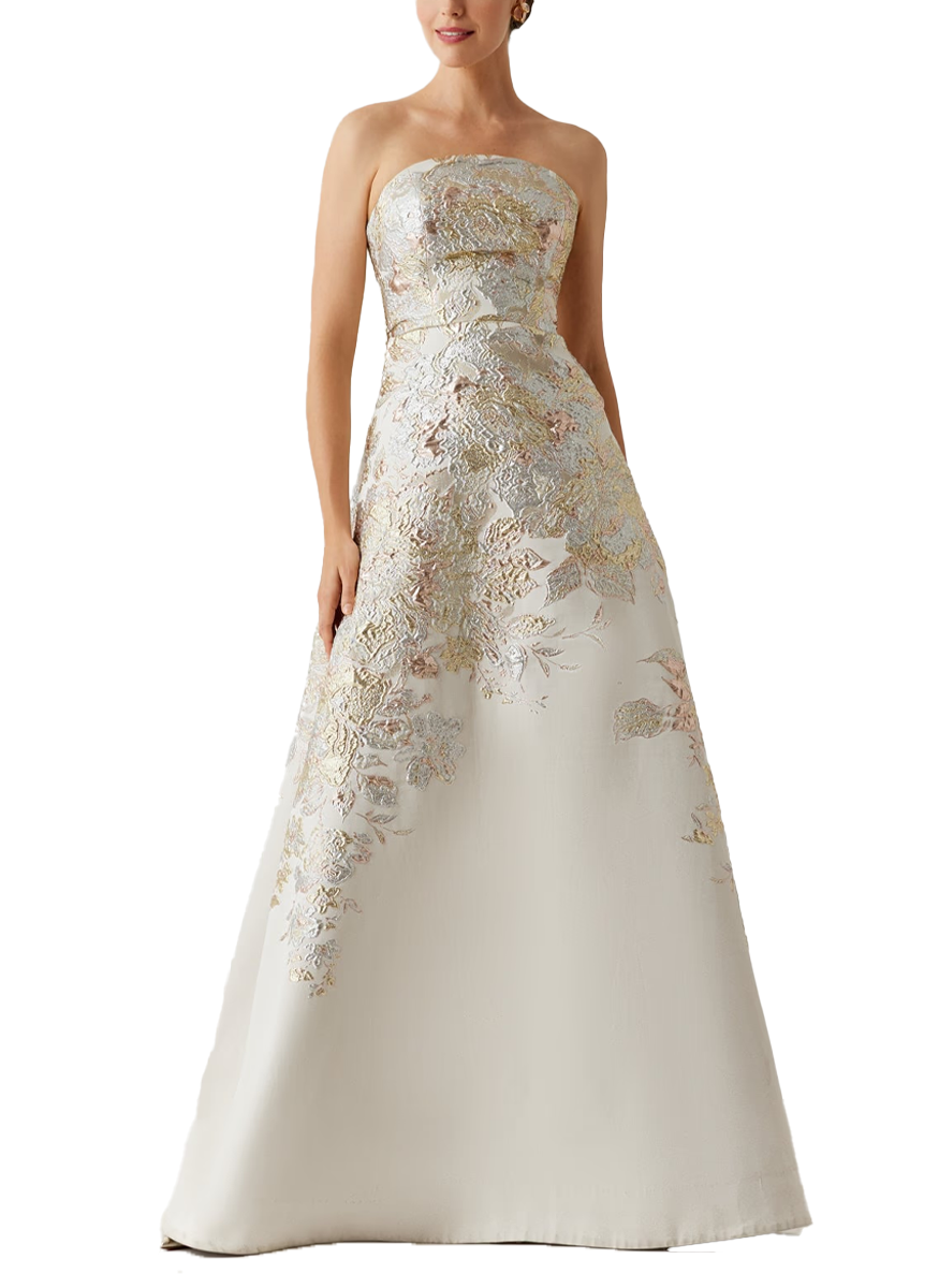 Metallic Jacquard A Line Skirt Gown with Bolero