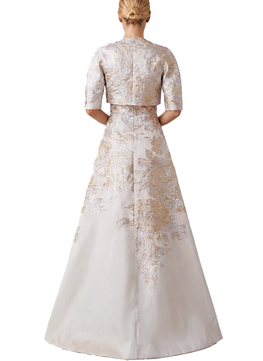 Metallic Jacquard A Line Skirt Gown with Bolero - Teri Jon