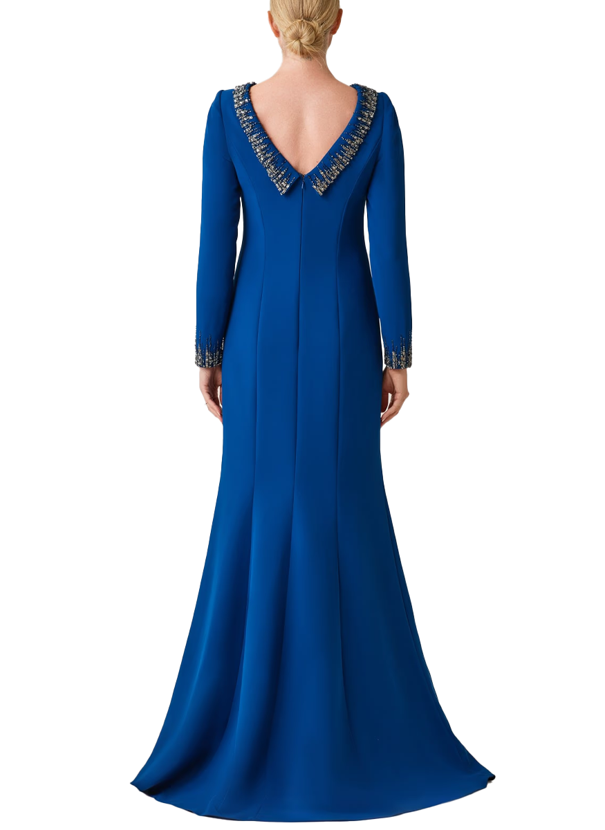 Crepe Evening Gown with Beaded Neck and Cuff Detail - Teri Jon