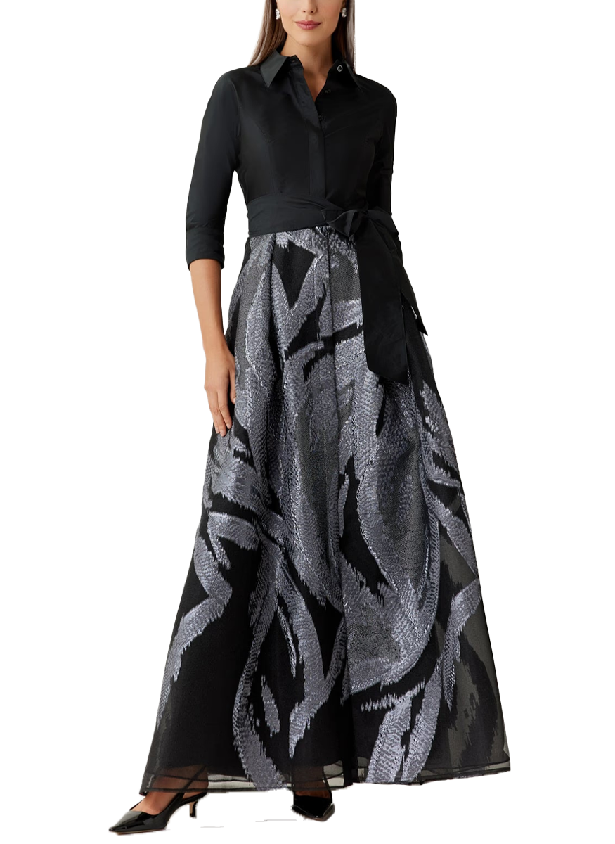 Taffeta and Organza Jacquard Shirt Waist Gown - Teri Jon