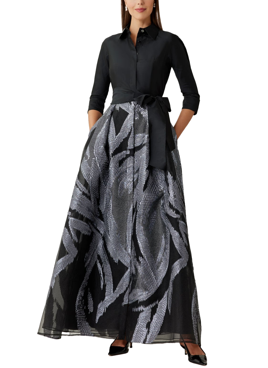 Taffeta and Organza Jacquard Shirt Waist Gown - Teri Jon
