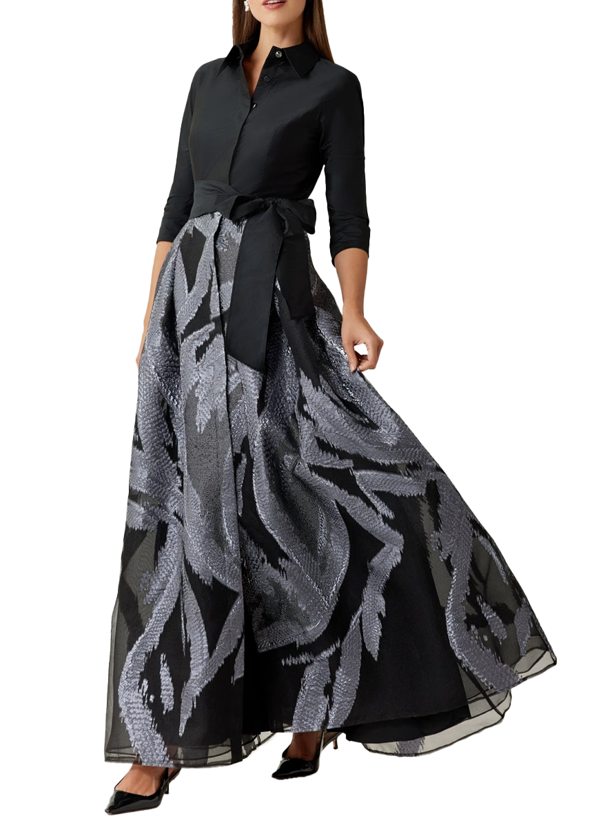 Taffeta and Organza Jacquard Shirt Waist Gown - Teri Jon