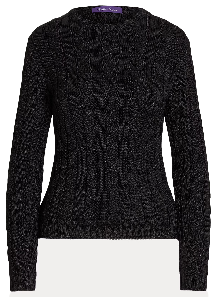 Cable-Knit Silk Crewneck Sweater in Black