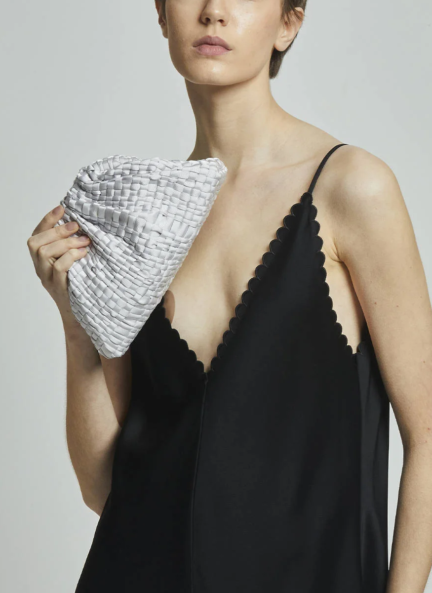 Mini Game Woven Ribbon Clutch in Silver