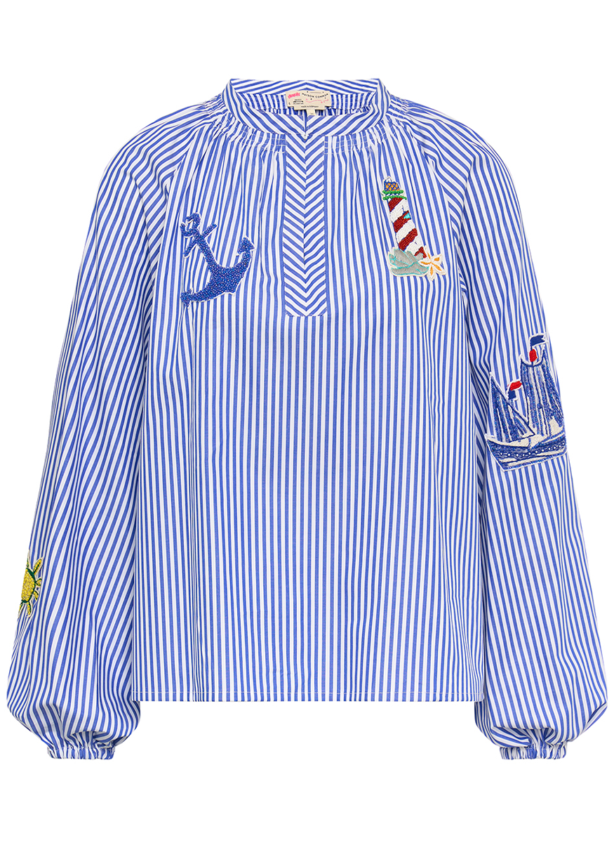 Stripe Cotton Blouse with Nautical Print