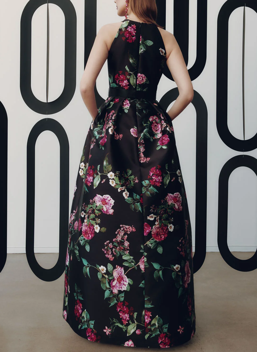 Floral Halter Draped Gown with Bow