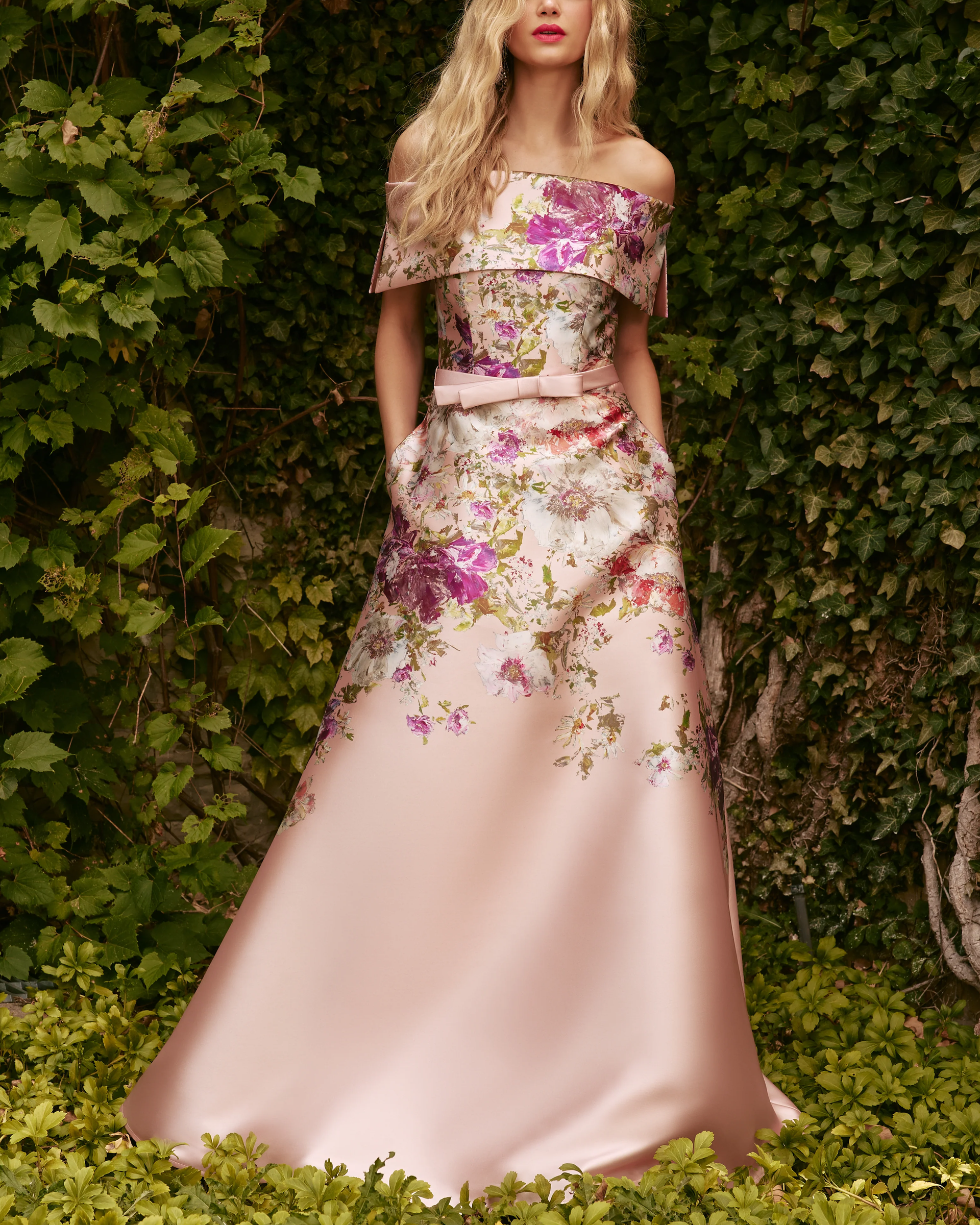 Off the Shoulder Floral Gown with Bow Belt in Garden Mikado