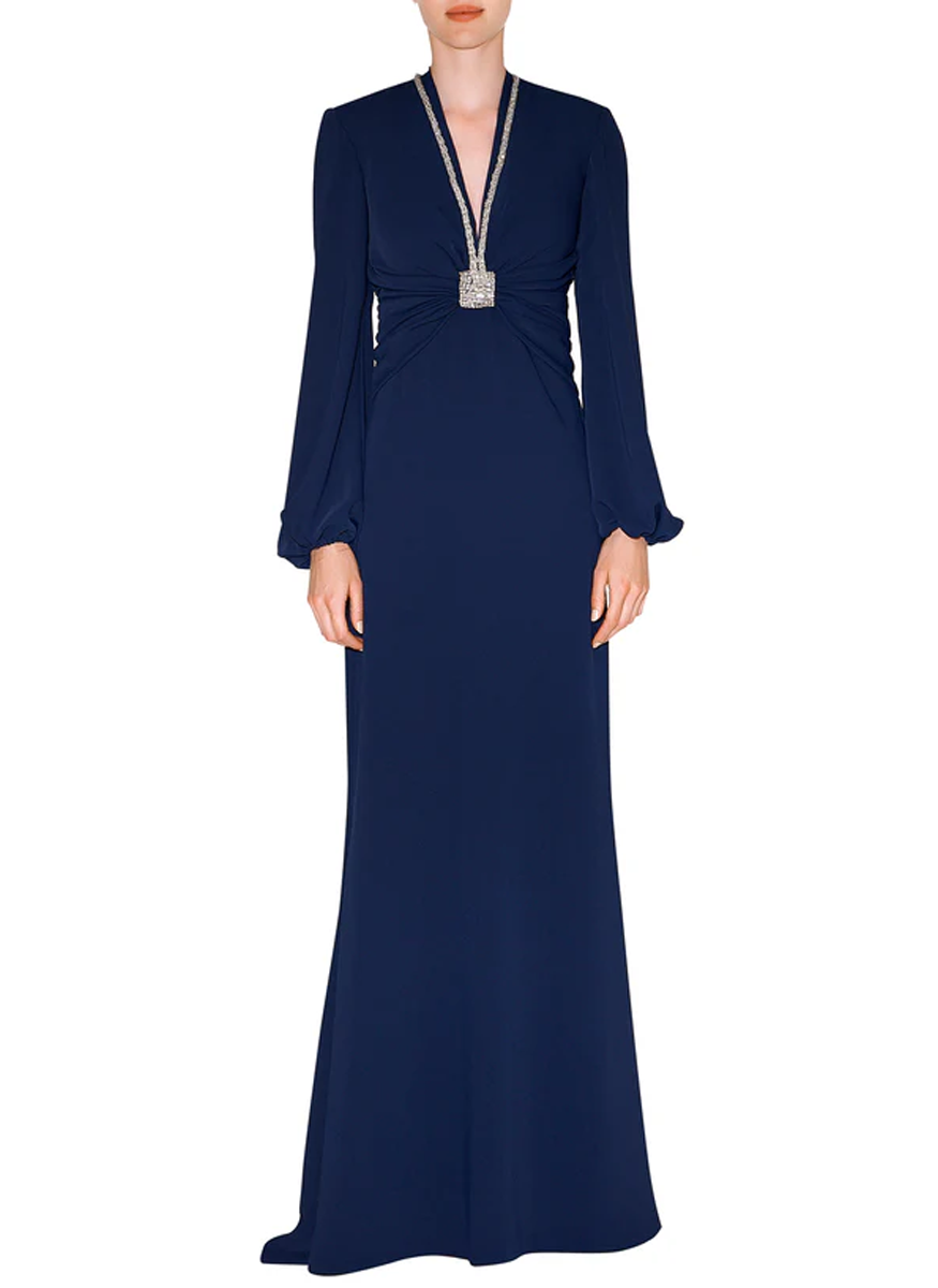 V-Neck Long Sleeve Gown with Crystal Necklace Detail