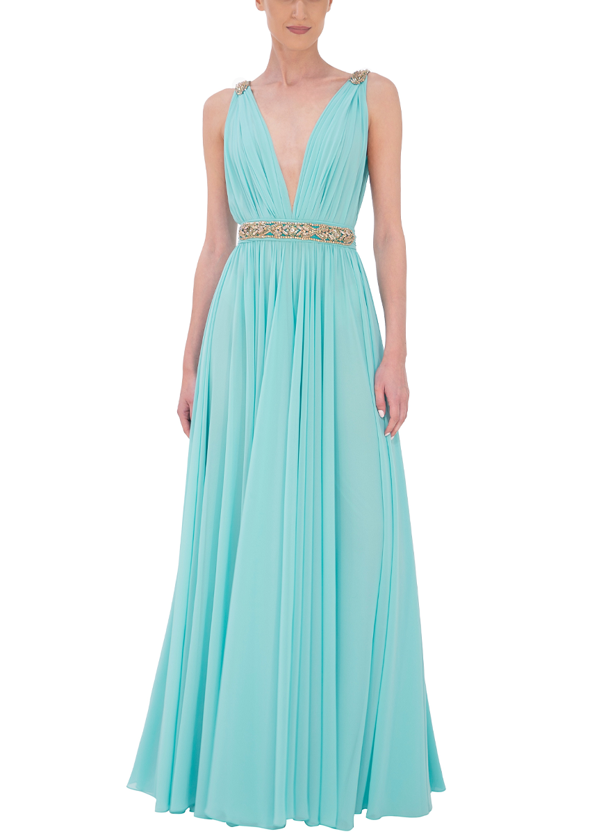 Deep V-Neck Draped Chiffon Gown