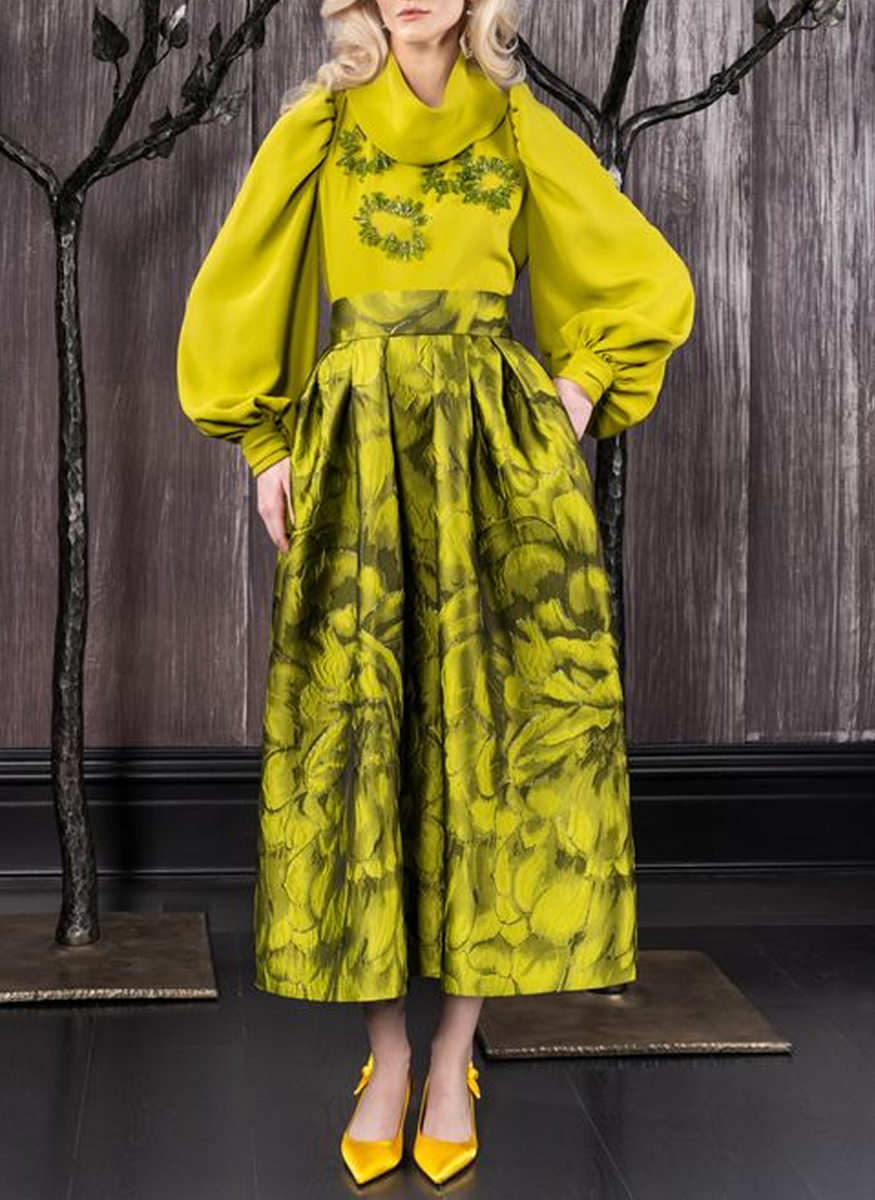 Cloque Brocade Pleated A-line Skirt