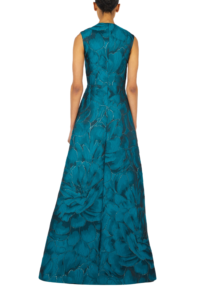 Sleeveless Jewel Neck Brocade Gown - Reem Acra