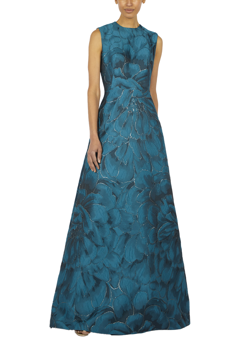 Sleeveless Jewel Neck Brocade Gown