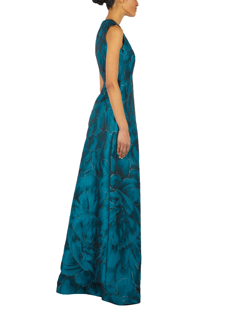Sleeveless Jewel Neck Brocade Gown
