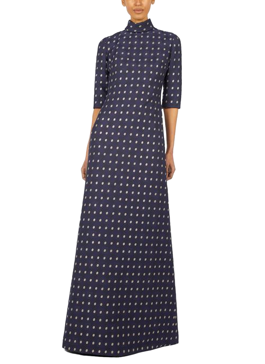 Cloque Brocade Elbow Sleeve Mock-Neck Gown