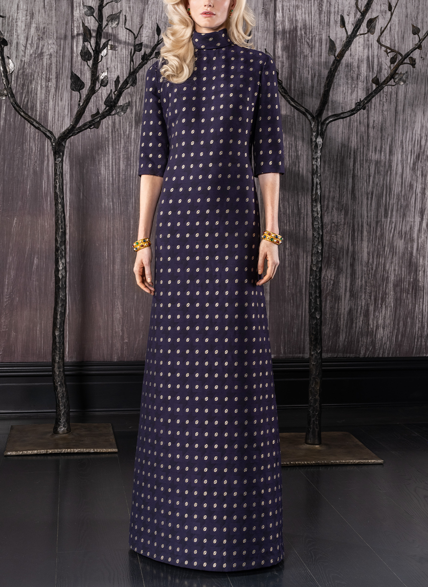 Cloque Brocade Elbow Sleeve Mock-Neck Gown