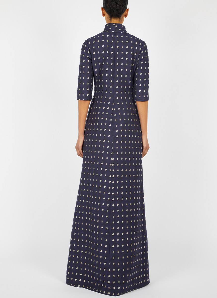 Cloque Brocade Elbow Sleeve Mock-Neck Gown - Reem Acra