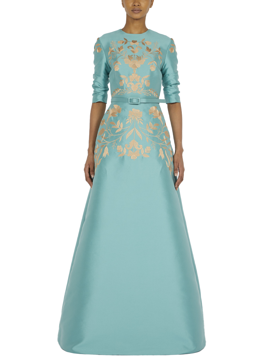 Long Belted Gown in Mikado Pique with Embroidery Detail