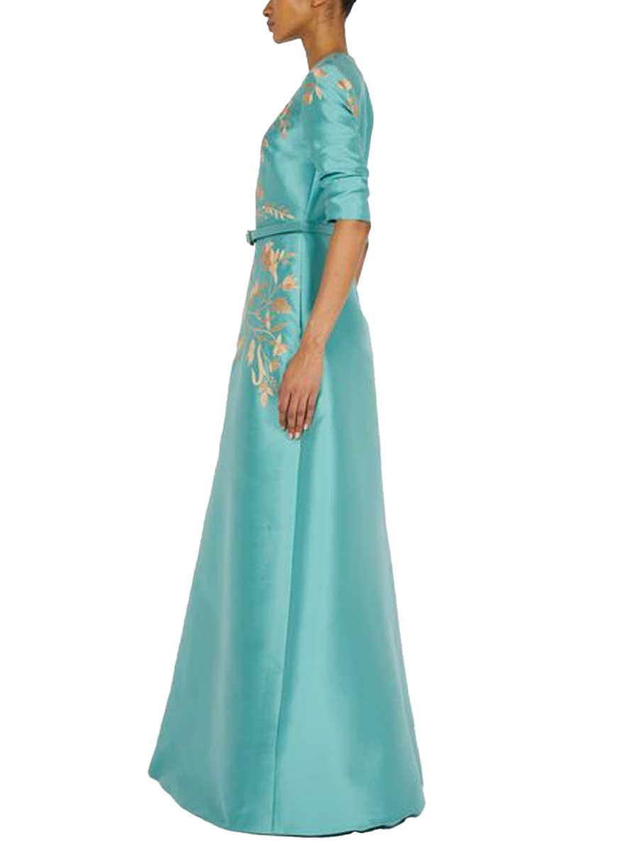 Long Belted Gown in Mikado Pique with Embroidery Detail