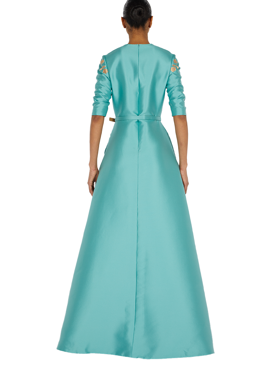 Long Belted Gown in Mikado Pique with Embroidery Detail - Reem Acra