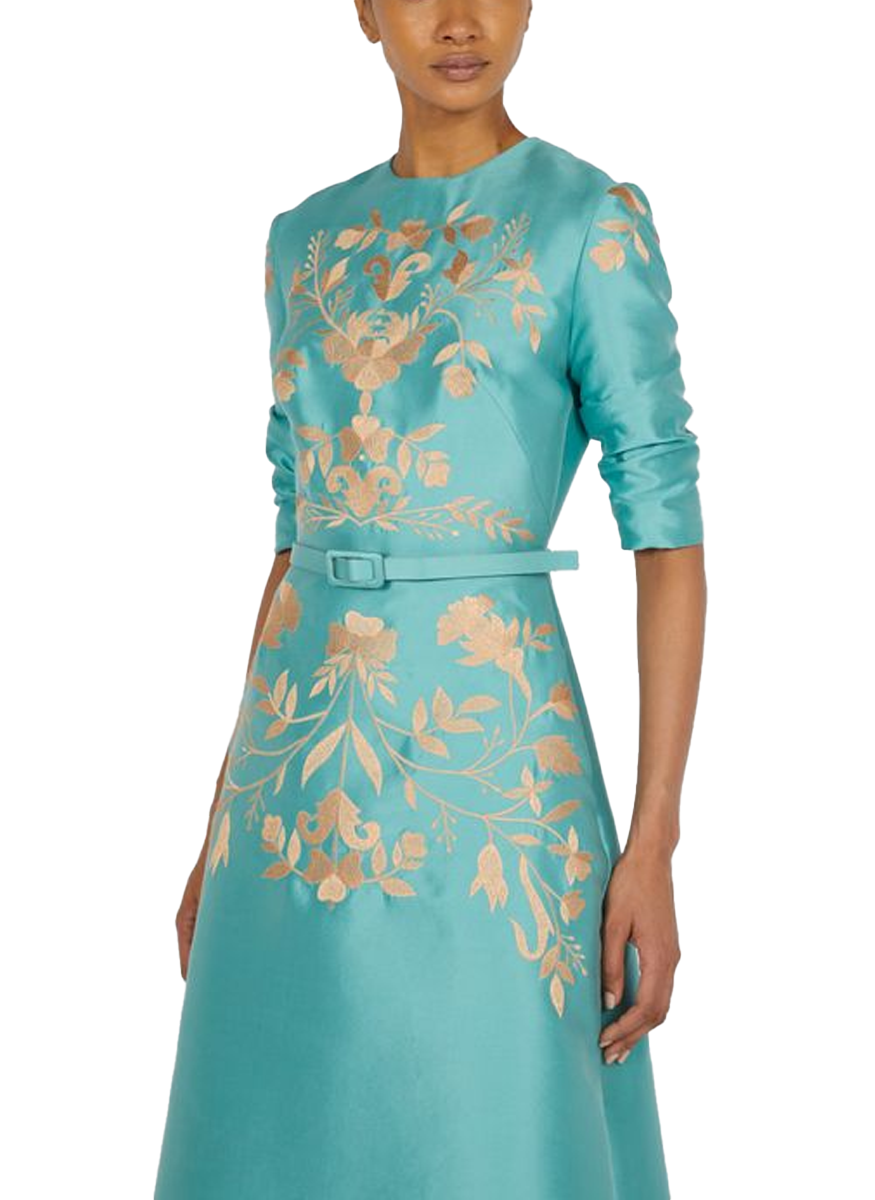 Long Belted Gown in Mikado Pique with Embroidery Detail - Reem Acra