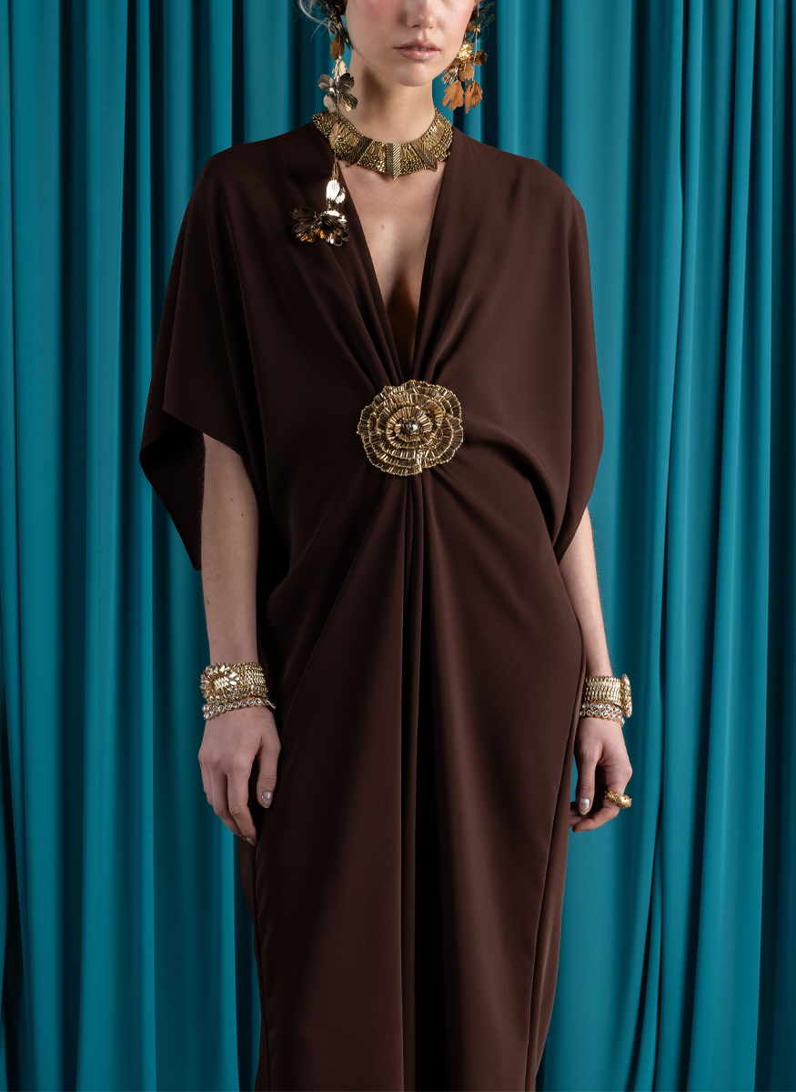 Crepe Caftan with Flower Detail
