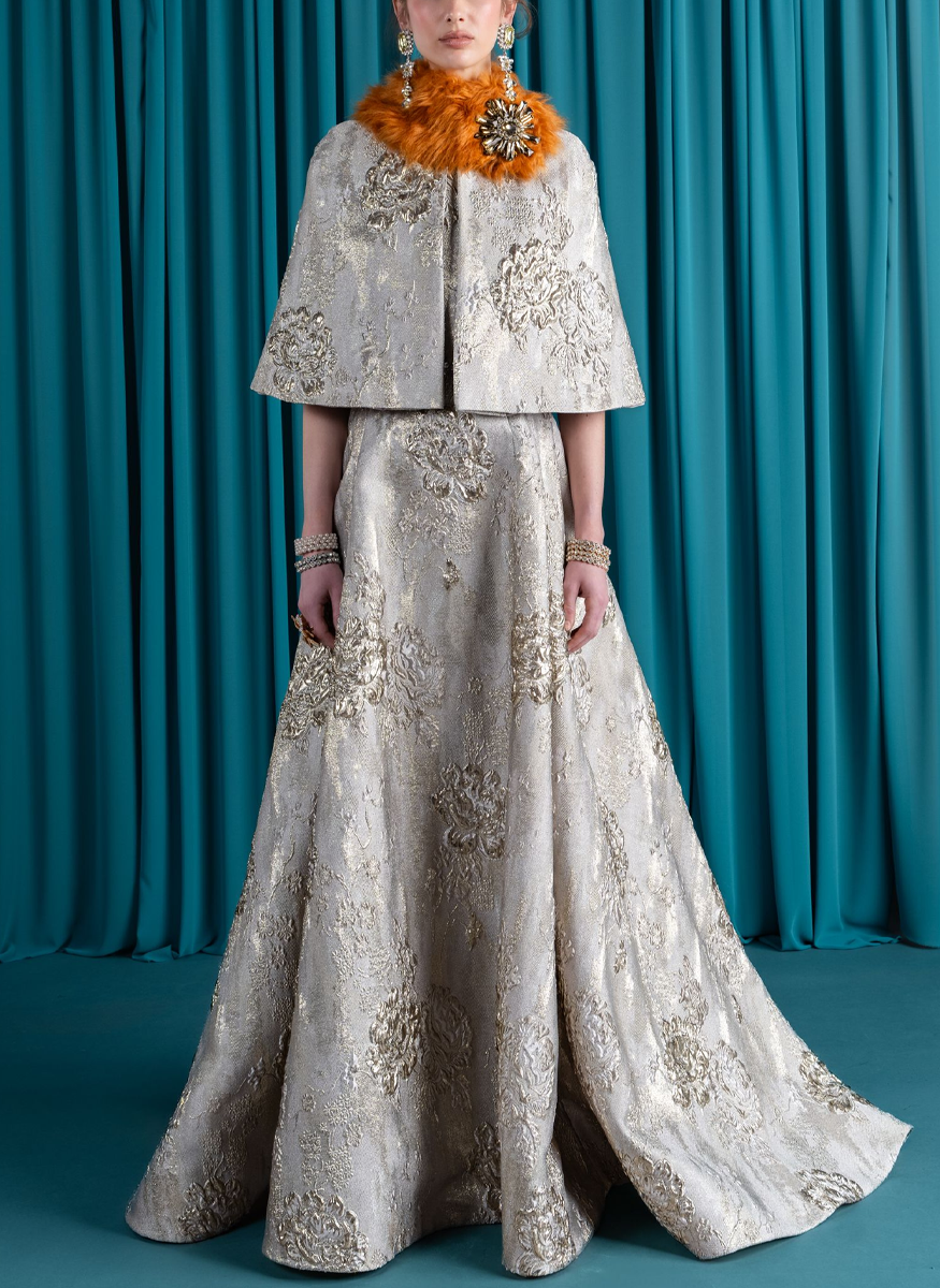 Brocade Gown with Short Sleeve