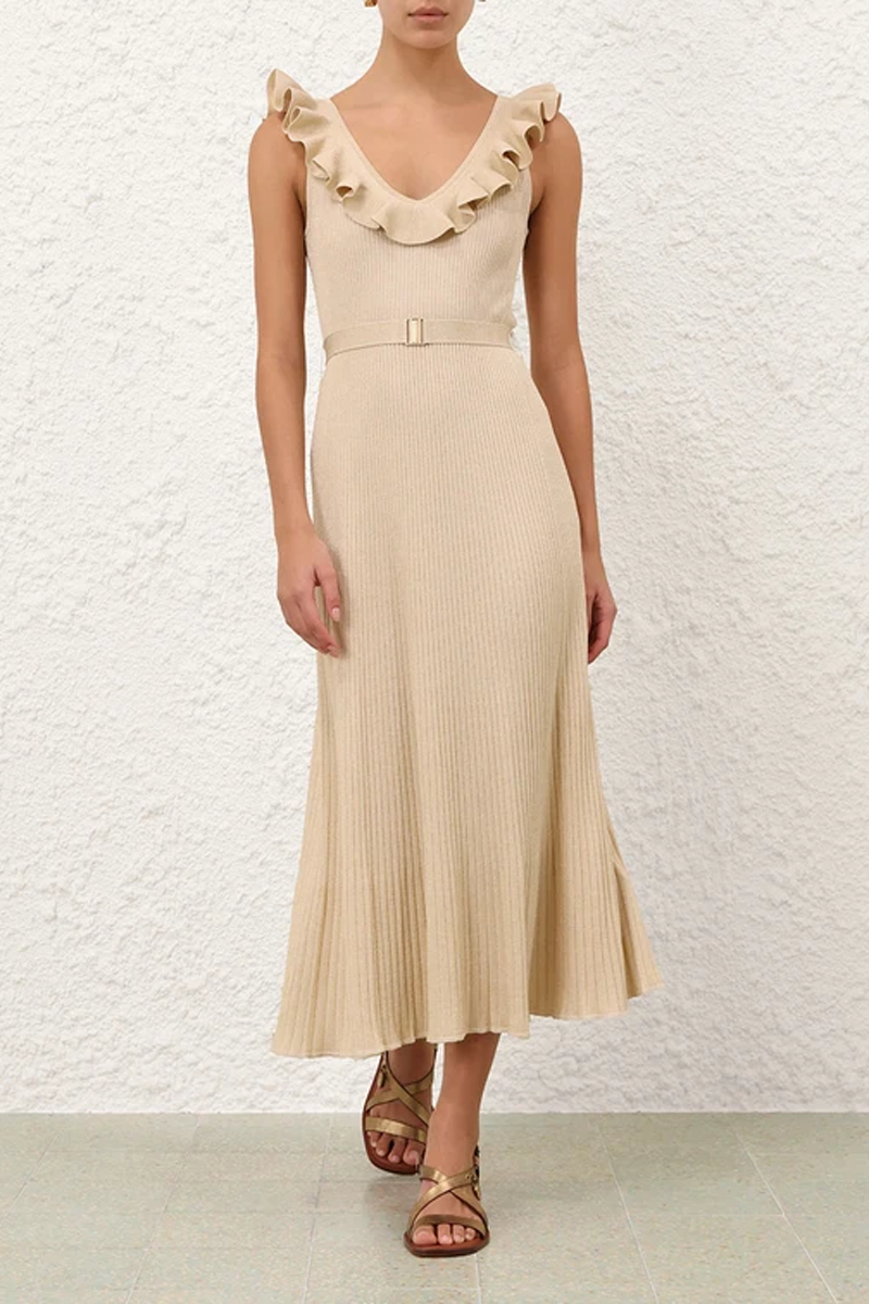 zimmermann beige dress Luna twisted striped metallic knitted midi dress - cream