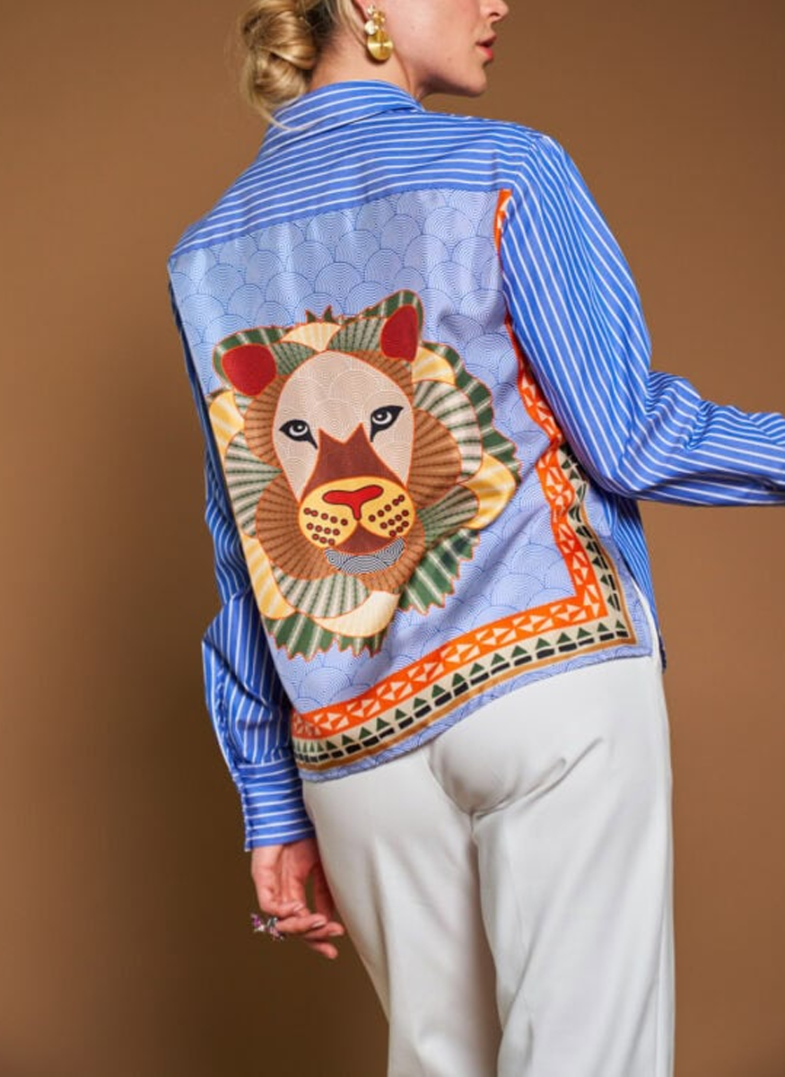 Striped Cotton Shirt with Lion Motif