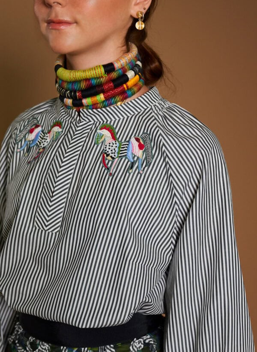 Striped Cotton Shirt with Embroidered Zebra - Maison Common