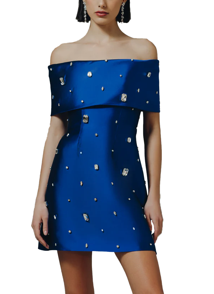 Off Shoulder Mini Dress with Scattered Gems