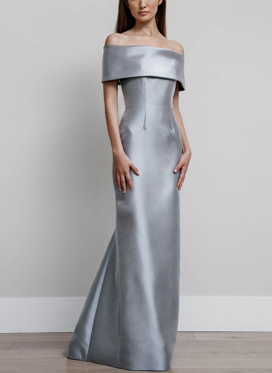 Off Shoulder Roll Collar Gown in Dove Silk Radzimir
