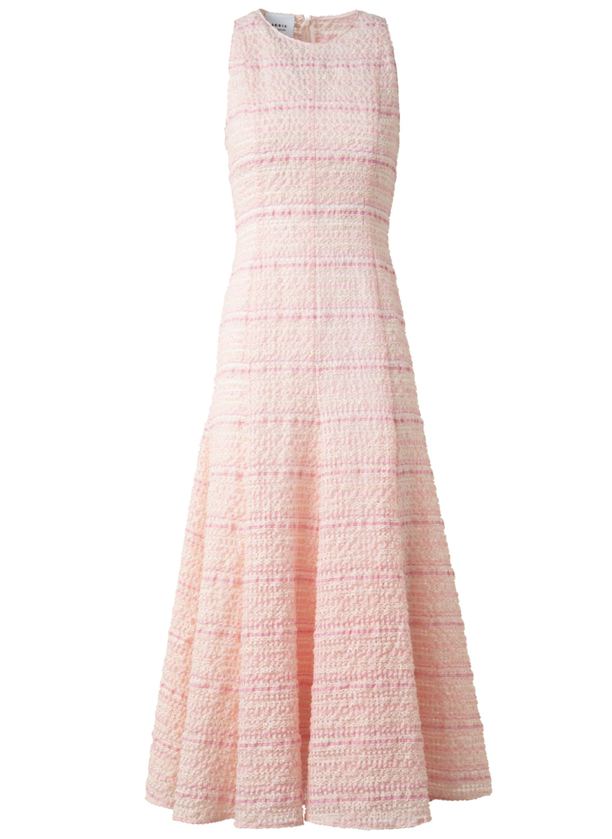 Pink Tweed Round Neck Midi Dress